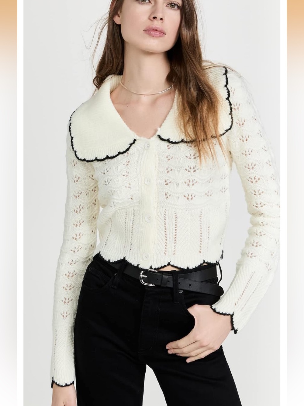 ENDLESS ROSE Women's Scallop Neck Long Sleeve Cardigan Sweater Cream size Medium